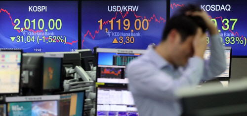 2일 새해 첫날 코스피는 전 거래일 대비 31.04포인트(1.52%) 내린 2010.00에 거래를 마쳤다. 코스닥지수는 6.28포인트(0.93%) 내린 669.37로, 원·달러 환율 3.3원 오른 1119.0원으로 마감했다. 사진은 이날 명동 KEB하나은행 본점 딜링룸 모습. <연합 제공>